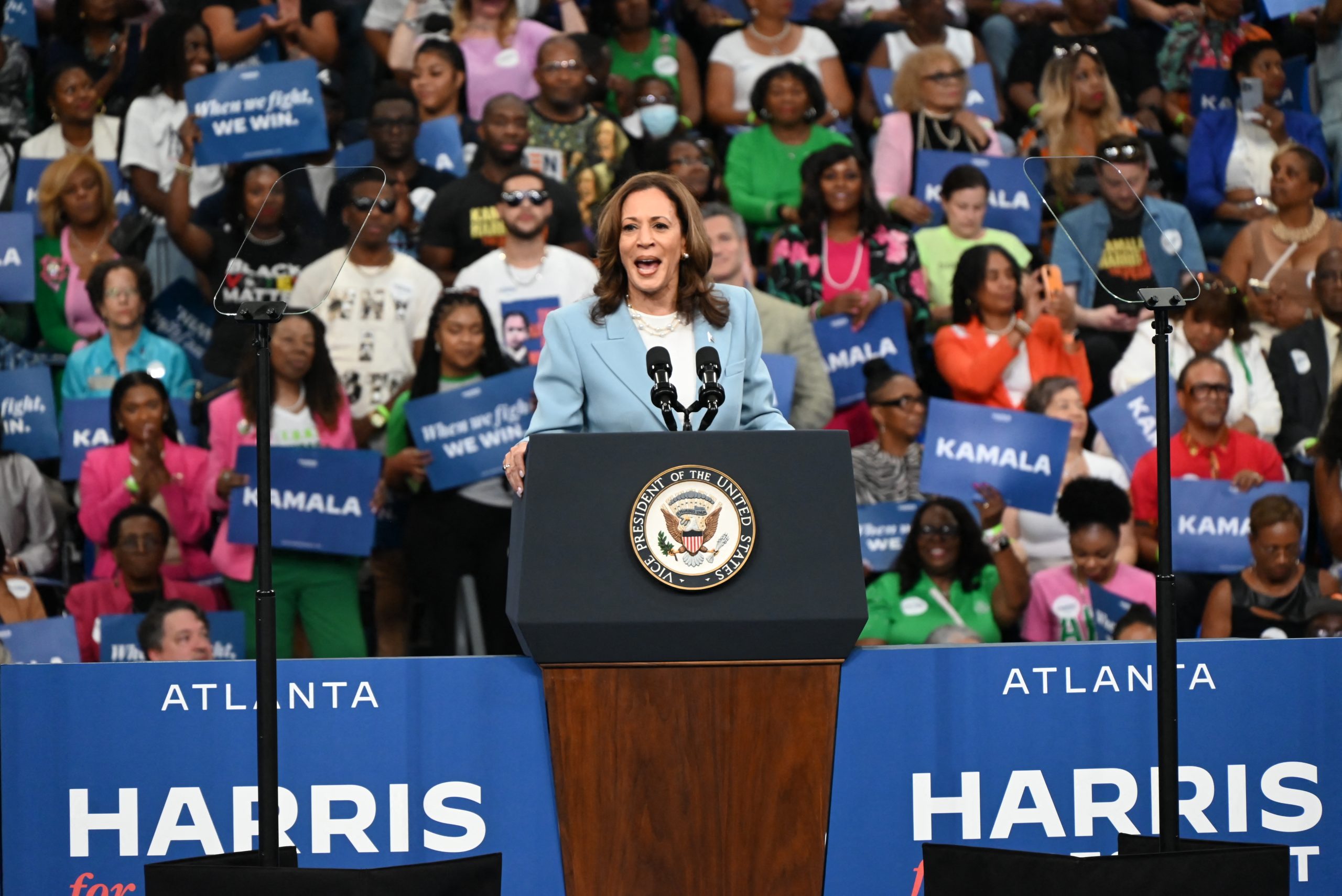 ATLANTA, UNITED STATES - JULY 30: Vice President of the United States Kamala Harris makes a speech during her presidential campaign rally in Atlanta, Georgia, United States on July 30, 2024. Kyle Mazza / Anadolu (Photo by Kyle Mazza / ANADOLU / Anadolu via AFP)