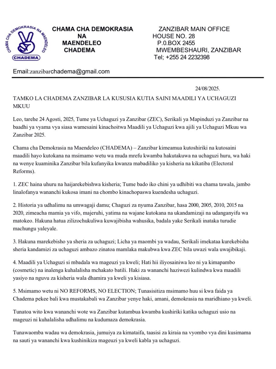 “No Reforms, No Election”- CHADEMA Zanzibar Rejects 2025 Election Code of Ethics